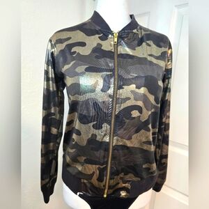 FLOWERS BY ZOE Camouflage Bomber Jacket with Gold Accents.